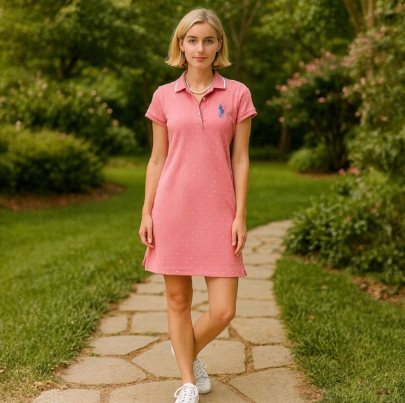 Pink with White Polka Dot Polo Dress - Picture 1 of 4